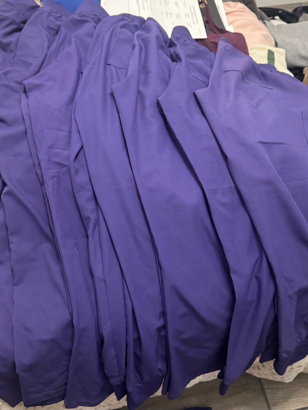 7 pair Med Couture Purple Women's Scrubs - 4 regular 3 joggers